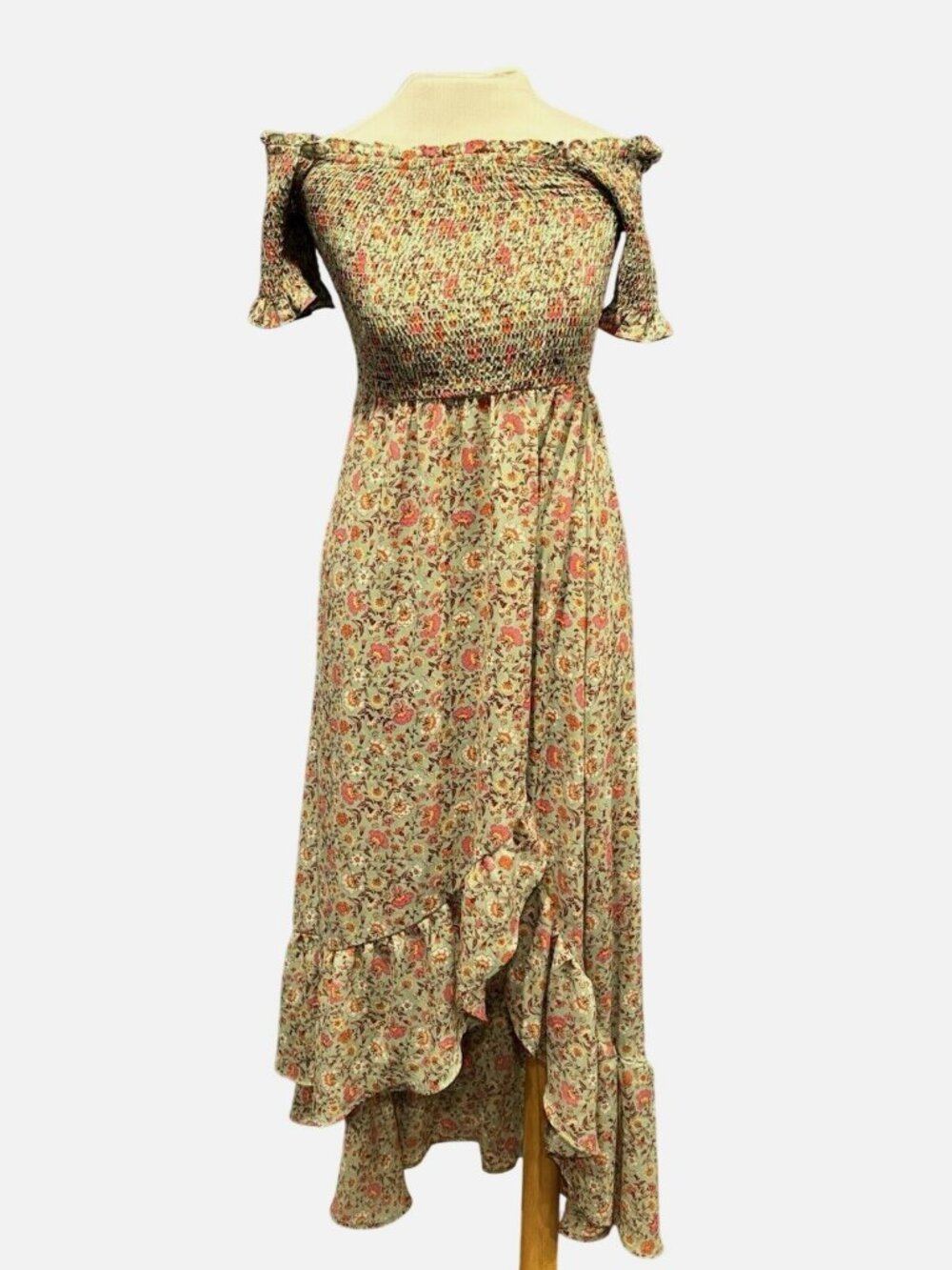Floral Off-The-Shoulder Maxi Dress With Ruffle Hem Smocked Bodice And Short Slee